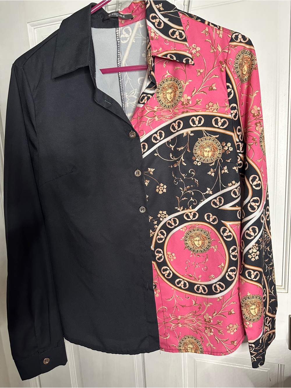 Chic Me Black and Pink Two-Tone Medallion Button-Up Blouse
